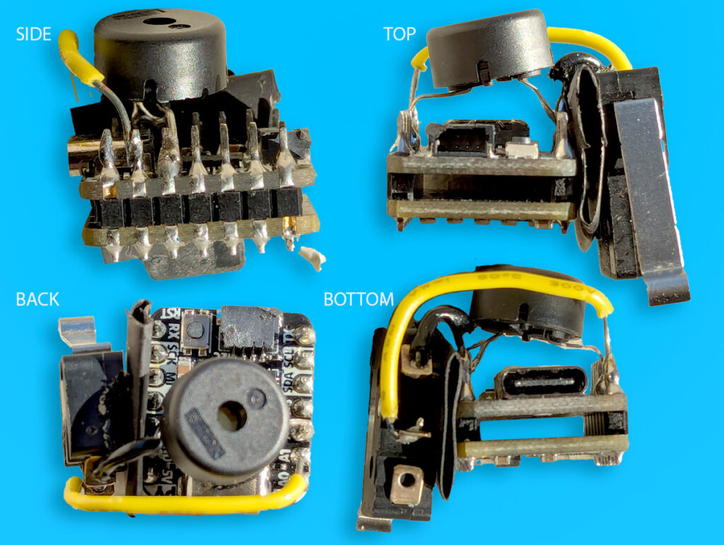 Back, top, bottom, and side views of wiring. 