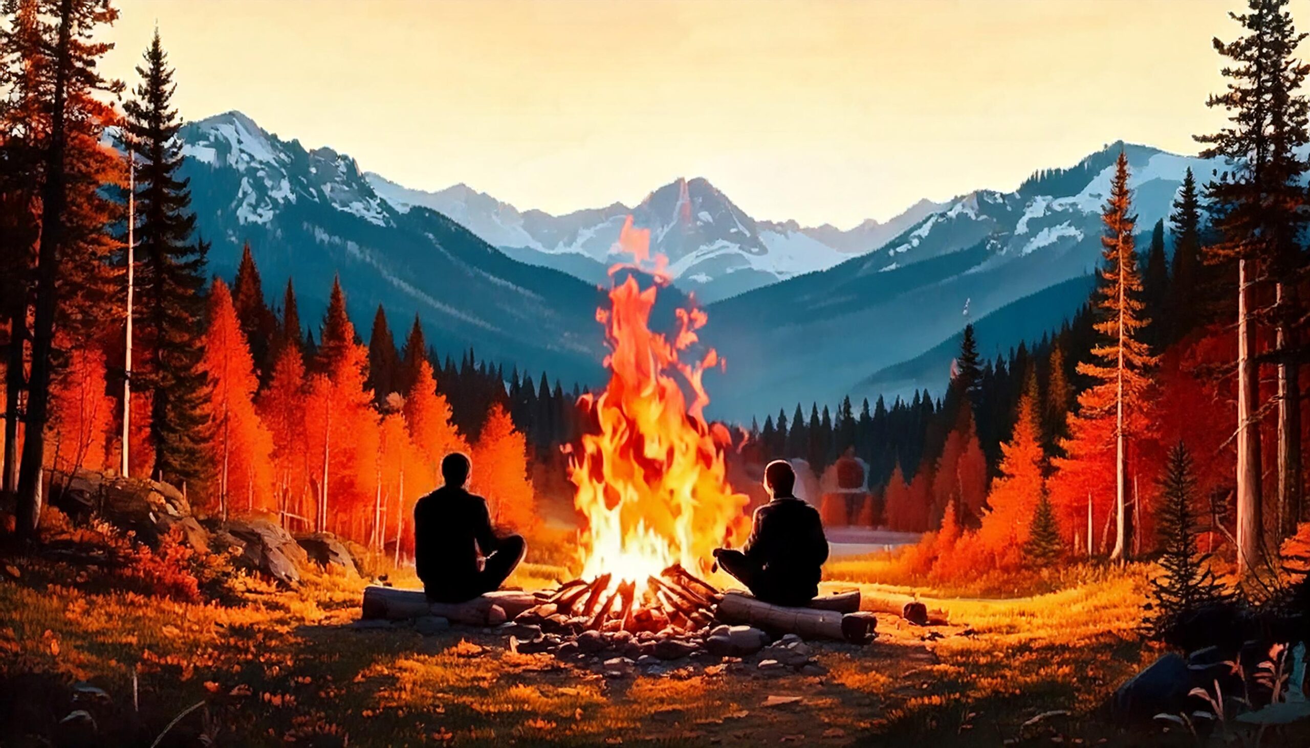 An illustration of a campfire in the mountains - created by GenAI