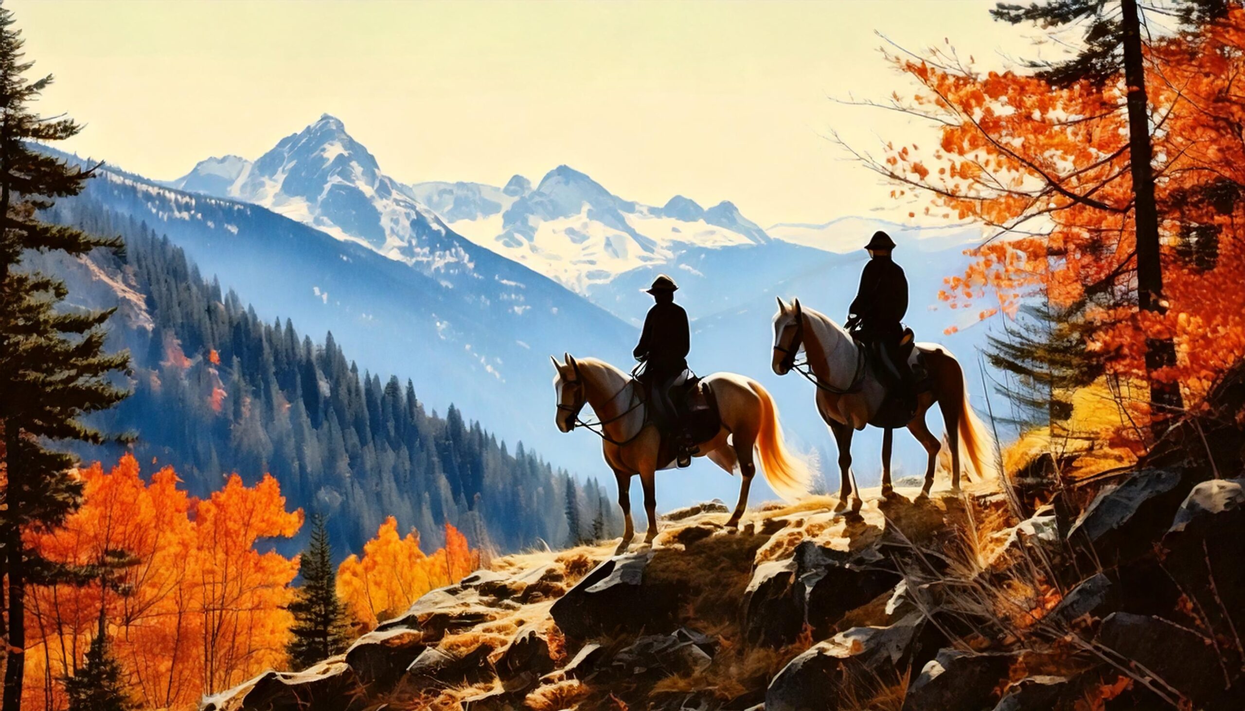 An illustration two men on horses in the mountains during Autumn - created by GenAI