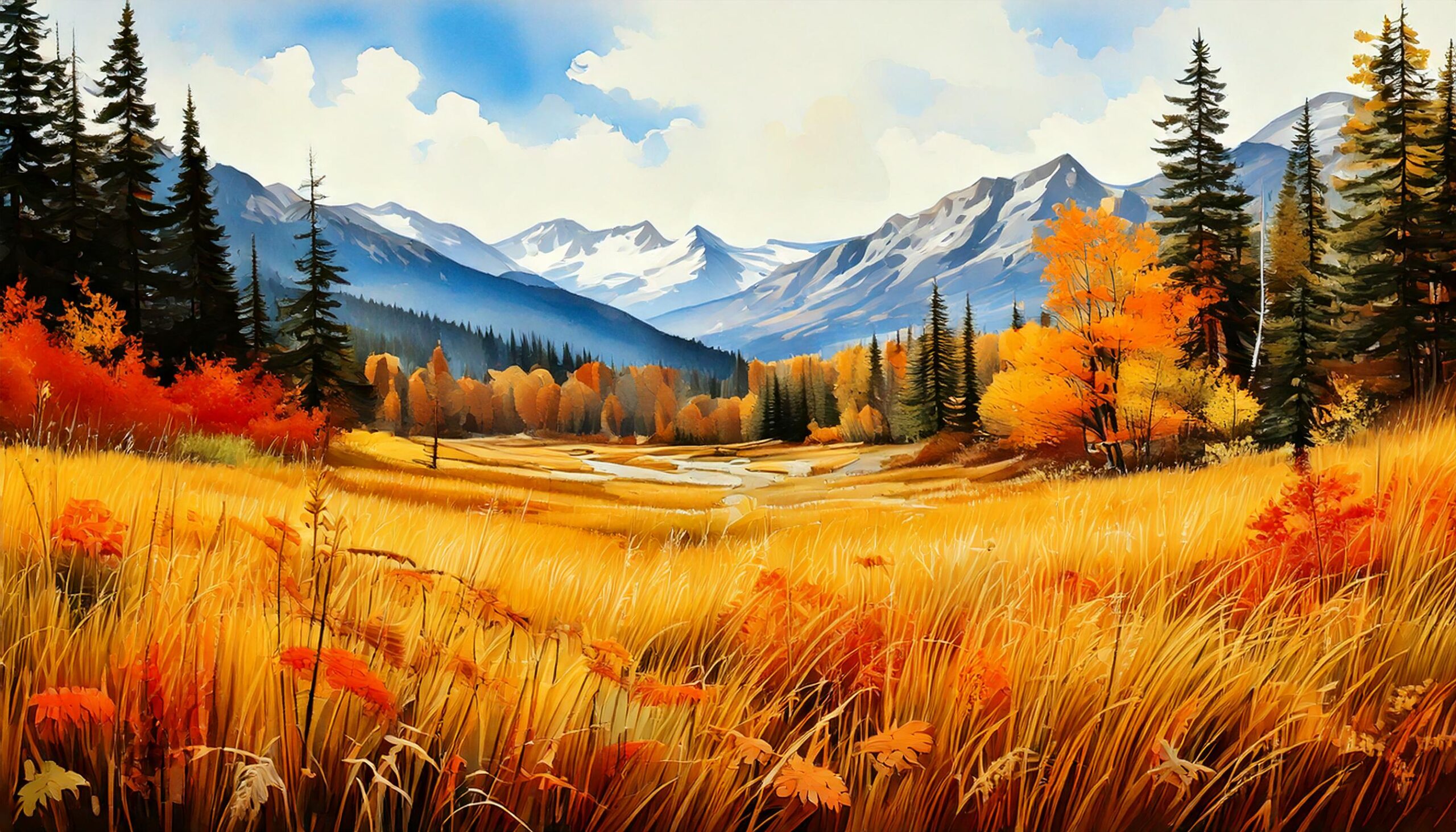 An illustration of a meadow in the mountains in Autumn - created by GenAI