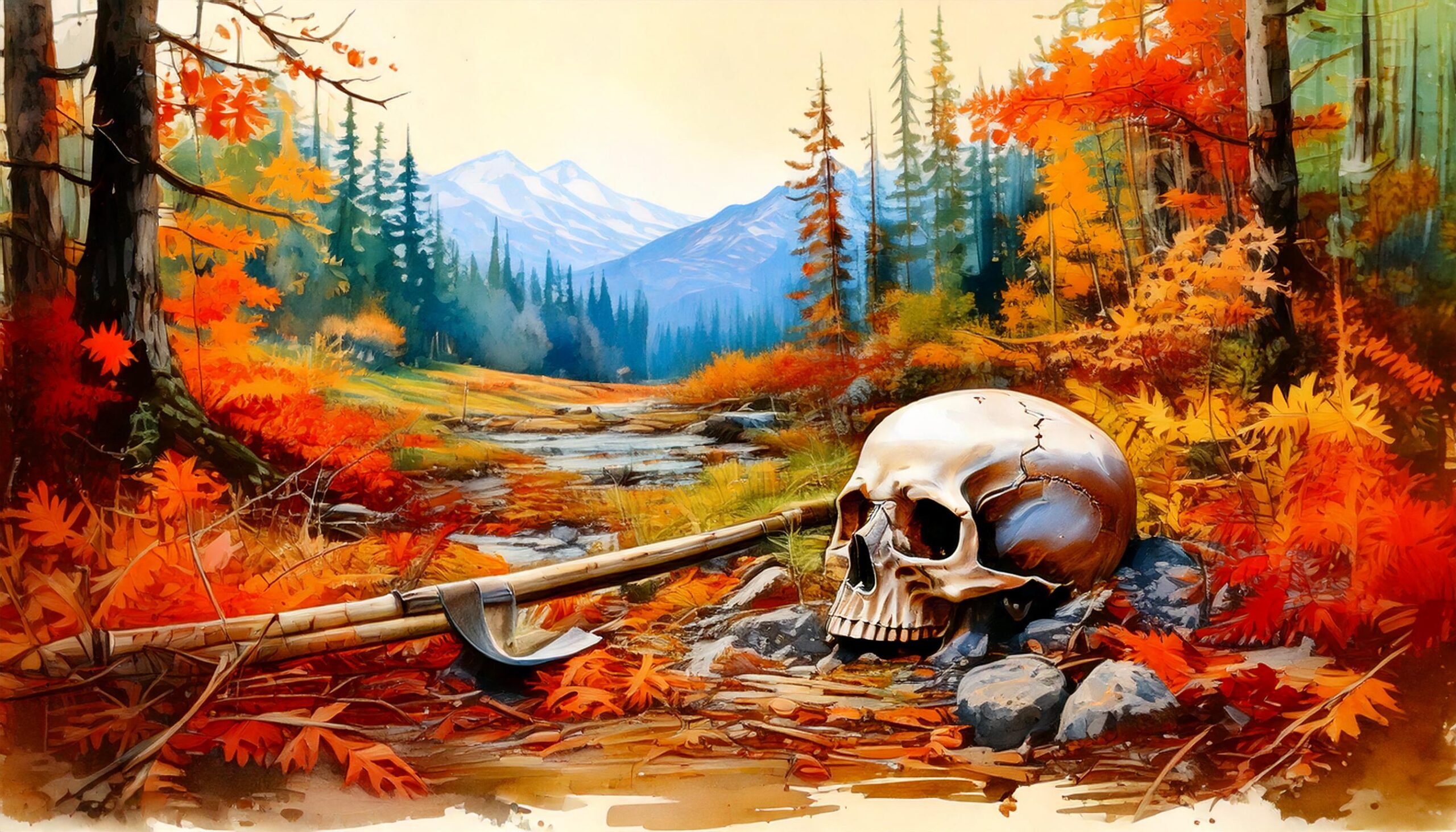 An illustration of a skull and shovel in the forest in Autumn - created by GenAI