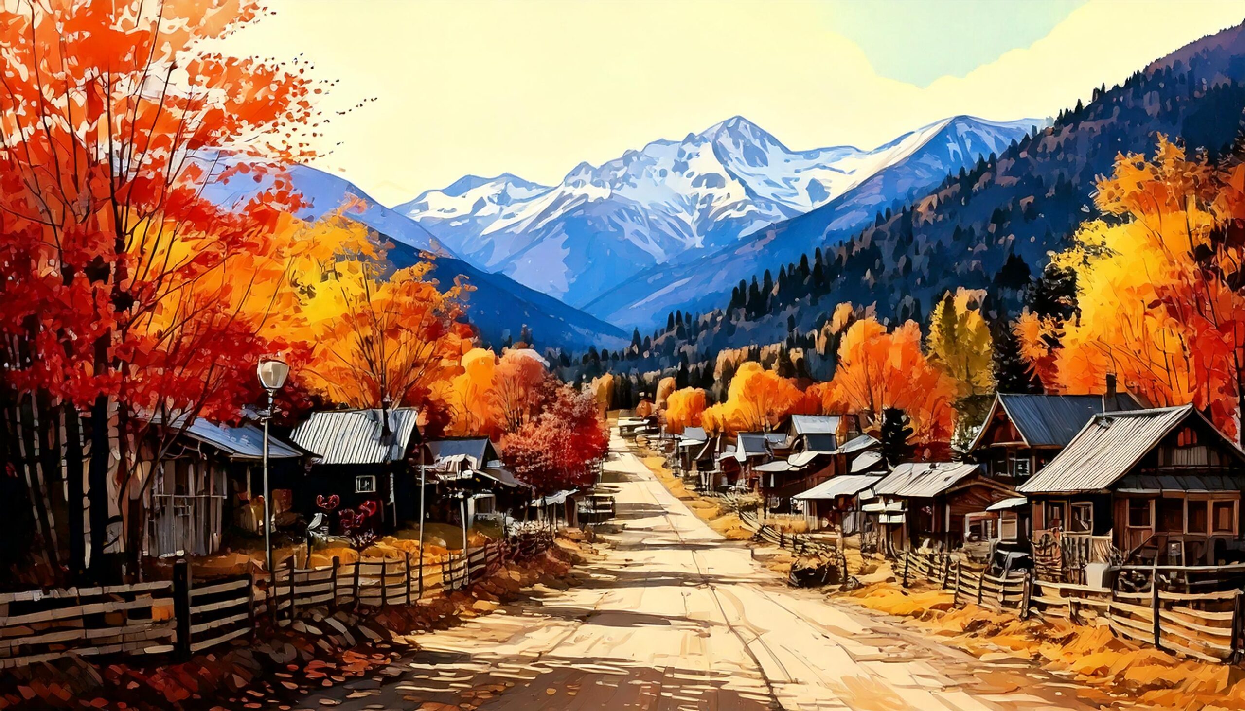 An illustration of an old mountain town in Autumn - created by GenAI